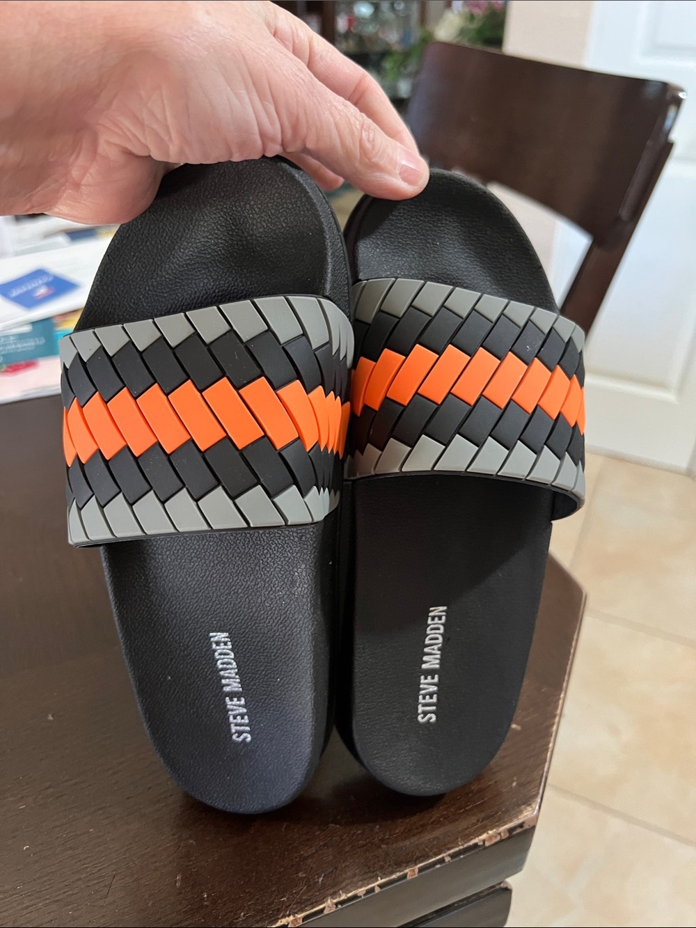 New Steve Madden size 3 Black Slides with Orange and Gray Woven Strap